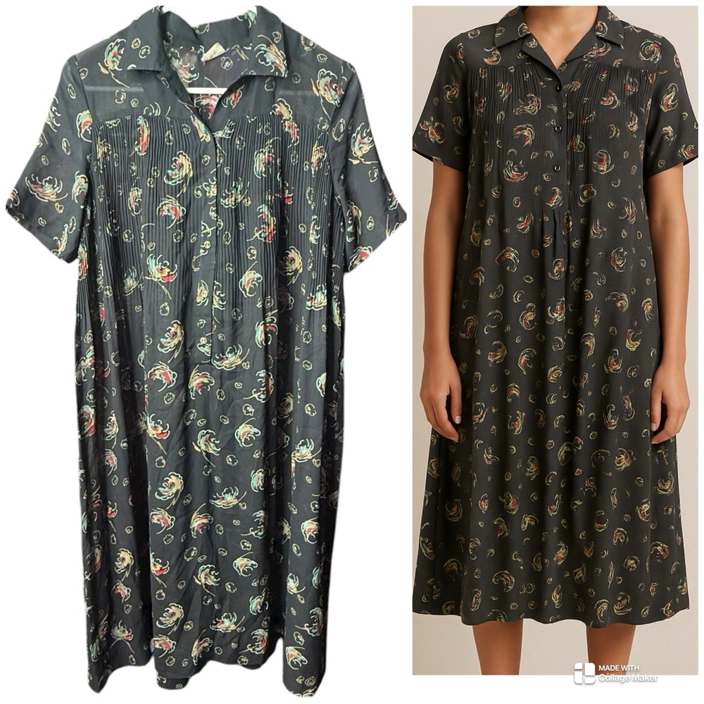 Vintage Black Pleated Floral Button-Front Midi Dress